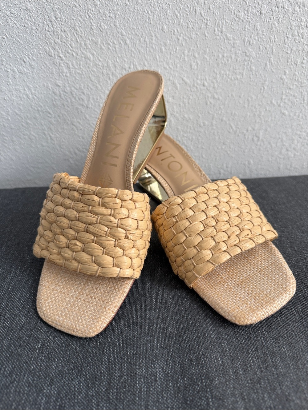 Antonio Melani Woven Slide Sandals in Natural and Gold Heel